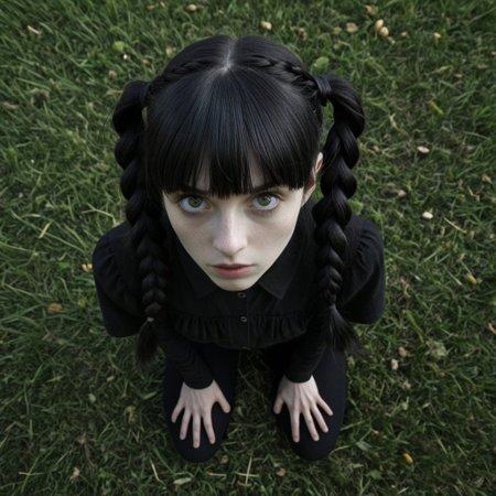supercute, beautiful woman in a park in autumn, narrow oval face, skinny face, natural, pale white skin, black straight hair, thick hair, thick long bangs, big eyes, two carefully precisely braided pigtails, wearing all black, kneeling in grass, looking up at viewer

photo taken from above, pov