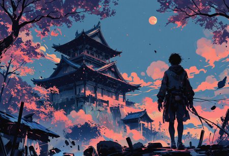in the style of ck-mgs, nistyle, Special Ink-drawing mode, intricate linework with expressive contrasts, Mh1$AgThS2, Inkplash art on rice paper, sepia, henna , Silhouette Art, magnificent, inksplash anime art, pscho_4rt, a breathtaking ultra-HD anime-style illustration of a electro_style, cowboy, masterpiece, best quality, newest, absurdres, highres, by an ancient japanese edo castle, sunset, ink artwork, sharp color, sakura trees in the background, moon in background. The atmosphere is tranquil yet powerful, evoking a sense of nostalgia and wonder. Highly detailed character, precise silhouette, cinematic lighting, ultra-realistic textures, dreamy and immersive composition, masterpiece. (mainly blue colors)