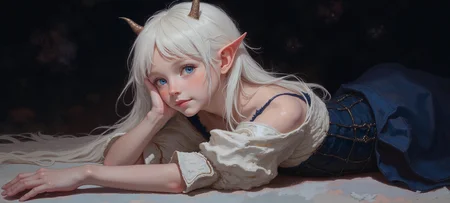 A close-up of a woman with white hair, fair skin, and fantasy-like elf ears, lying on her stomach with her legs bent at the knees and feet raised in the air. Her hair is long, flowing, and slightly wavy, reaching down her back. She is wearing a medieval-style off-shoulder dress with puffy white sleeves and a navy-blue skirt. Her dress is cinched at the waist with a black corset. Small, curved horns protrude from her forehead, and her light blue eyes gaze directly at the viewer. Her right hand is positioned under her cheek, supporting her head, while her left arm is slightly stretched forward. The lighting is soft, highlighting the smooth texture of her skin, with minimal shadows. The background is a dark, blurred gradient, emphasizing the subject in a calm and mysterious atmosphere.    <lora:FLUX-daubrez-DB4RZ:0.93> DB4RZ, DB4RZ style painting,