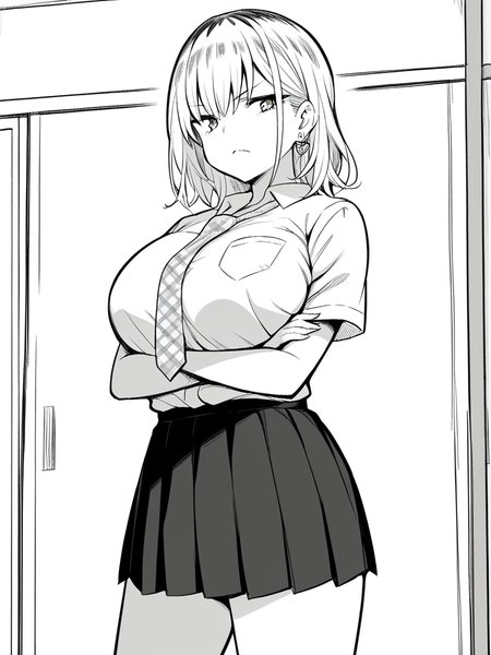 1girl, monochrome, natsuki jn, medium hair, dyed hair, roots, huge breasts, white hair,

standing, frown, looking at viewer, crossed arms, white shirt, short sleeves, plaid necktie, school uniform, pleated skirt, heart earrings, 