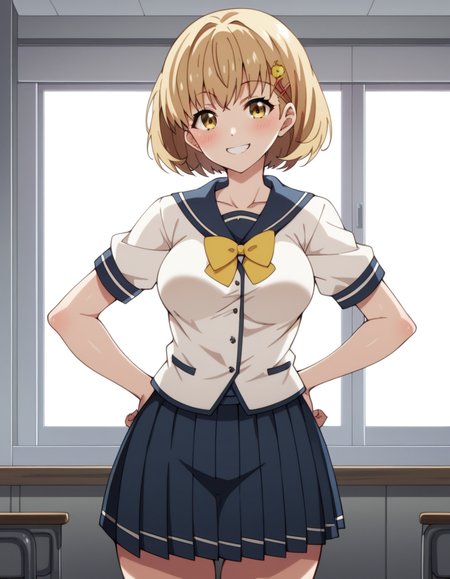 score_9, score_8_up, score_7_up, source_anime, uncensored, <lora:StS_detail_slider_v1:3>, zPDXLxxx, <lora:Kimie_Kamata_PONYXL_VexVexX:1>, KimieKamata, 1girl, yellow eyes, blonde hair, short hair, hair ornament, hairclip, hair flower, medium breasts, school uniform, serafuku, pleated skirt, yellow bow, cowboy shot, indoors, from front, Spin around gracefully with arms extended, creating a sense of whimsy and movement, thighs, looking at view, smile,