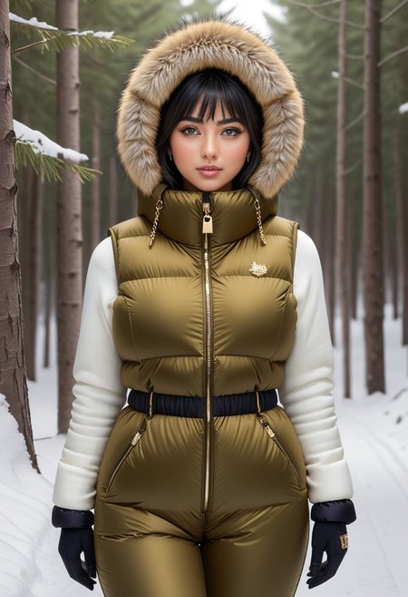 ((((puffer padded jacket)))), ((((puffer padded coat)))), ((((full body)))), ((((fur boots)))), ((((puffer pants)))), ((((puffer hood up)))), winter, snow, forest, 1girl, solo, (masterpiece), detailed face, detailed eyes, (beautiful detailed eyes:1.5), sidelighting, (super detail, hyper detail, intricate_details, detailed), (semi realistic:1.6), (Bob cut), blunt bangs,(black hair), (purple eyes, eyelashs), tanned skin, smug smile, angry face, Golden jewelery, golden rings, golden necklace, golden armlets, golden chains, padded collar, Thick padded collar, <lora:Collar-SDXL:0.6>, <lora:cropped_puffer_vest_v2:0.4>, <lora:snowpants_v1:0.4>