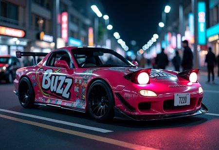 graffiti style kawaii style hyperrealistic art night, Tokio city, JDM car mazda rx-7 on the parking area. This car has anime vinyl scratches, has vinyl scratch with text "Buzz" and has neon light. Side view, parking, a lot of peoples . extremely high-resolution details, photographic, realism pushed to extreme, fine texture, incredibly lifelike . cute, adorable, brightly colored, cheerful, anime influence, highly detailed . street art, vibrant, urban, detailed, tag, mural