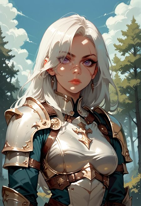 1girl, armor, scar, solo, scar on face, white hair, long hair, hair over one eye, looking at viewer, purple eyes eyes, outdoors, upper body, breastplate, medium breasts, shoulder armor, tree, makeup, lip gloss, day, scar across eye, sky, , cloud, , shoulder plates, pauldrons, breasts, nature, eyelashes, scar on nose, scar on cheek, closed mouth, forest, blue sky, one eye covered
,  <lora:Ri-MIX_A_Illustriousv2-000009:1> rimixa,, looking at viewer,, , score_9, score_8_up, score_8_up,