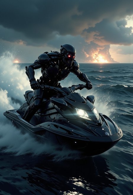 nistyle, a_skynet_cyberdyne_craft, the image is featuring a closeup of a terminator endoskeleton riding a jet ski at speed on a stormy ocean, silhouetted, chiascuro