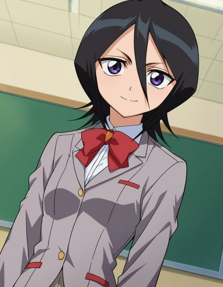 score_9, score_8_up, score_7_up, source_anime, 
rukiakuchiki, <lora:rukia-kuchiki-s1-ponyxl-lora-nochekaiser:1>, 
rukia kuchiki, black hair, hair between eyes, purple eyes, short hair,
skirt, bow, school uniform, jacket, blazer, grey jacket,
indoors, classroom, smile,
looking at viewer, cowboy shot, dutch angle,