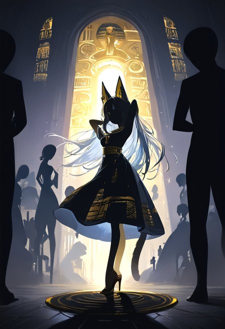 (masterpiece, best quality), (score_9, score_8_up, score_7_up,source_anime), 4K8K, high res image, Uncorrected, white print, lineart print, print, 
from front, Porcelain wall, 
Ankha_(Animal_Crossing), (silhouette Ankha solo:1.3), 
(animals), silhouette, backlit, backlighting, dark night, Porcelain Mix Gold, pmg style, 
(golden lines, white silhouette skin, Skin like porcelain), 
standing on tiptoes, reaching out, arms up, 
(small stature, petite:1.3), (breasts:1.1), (white hair, verry long hair, cat ears),
(wearing Porcelain clothing, Porcelain Egyptian-style dress),