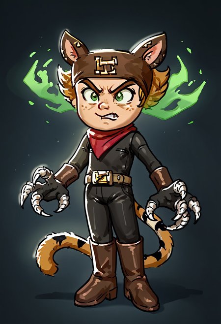 score_9, score_8_up, score_7_up, CuteCartoonStyle, 1boy, solo, male focus, El_Tigre, Mask, Green Eyes, white sideburns, Freckles, Cat Ears, Black Bodysuit, belt buckle, brown boots, Red Bandana around neck, black Gloves, tail, claws, green aura, angry,