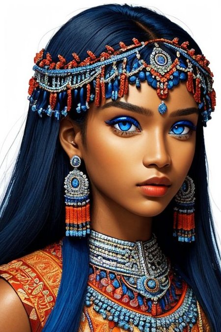 close-up photographic portrait of woman with strikingly vibrant blue-silver eyes. Supe shoulders showing. The face should, intricate, tribal-inspired art, patterns, reminiscent of beadwork and ceremonial embellishments, scheme, rich reds, oranges, blues --ar 2:3