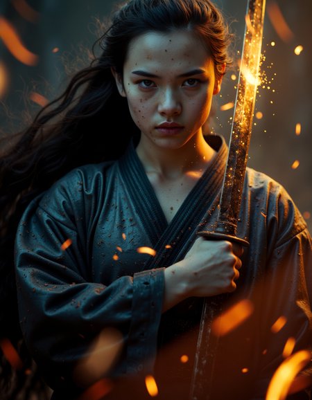 A fierce japanese girl warrior in a black loong floating hair, wearing samurai ronin kimono, holding japanese katana,with shiny blade with the right hand pressed to the left half of the chest. Her determined expression contrasts with the swirling sparks ashes parts around her, creating a cinematic and dramatic atmosphere. Illuminated by a soft, yellow blue light, with mud and blood covered her face,katana and clothing and volumetric fog adding depth. Ultra high detail, ink wash painting, sharp focus, photorealistic, dark fantasy aesthetic, trending on ArtStation, 8K resolution, breathtaking and powerful. 