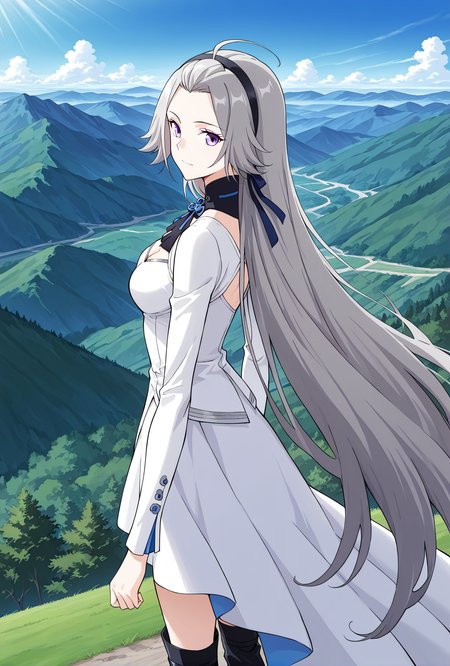 <lora:Han_Yue__Battle_Through_the_Heavens__Illustrious:1>
1 girl, solo, purple eyes, grey hair, very long hair, 
ahoge, white dress, long sleeves, black hairband, black knee boots, cleavage, blue ribbon, clothing cutout, cleavage cutout
score_9, score_8_up, score_7_up, source anime, BREAK, cowboy shot, (from side), looking back, looking at viewer, overlooking mountain, high altitude, scenery, exterior, background, (solo), perfect hands