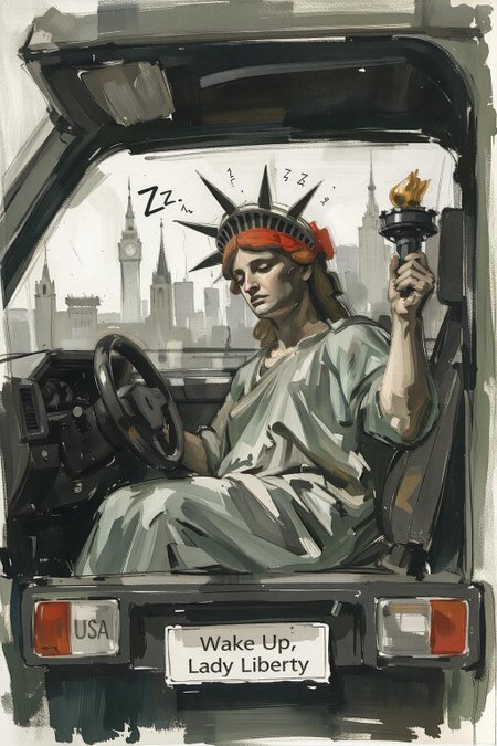 Wcol style. Sketch painting of the Statue of Liberty, seated in the driver's seat of an oversized car. She's wearing a bright red MAGA cap, and she is sleeping, one hand lazily gripping the wheel while her torch rests on the passenger seat. The car's dashboard has a classic "USA" emblem, and there are tiny Z's floating above her head, showing she's drifting into sleep.
Outside the car windows, familiar American landmarks blur past, adding to the sense of her dozing while at the wheel. A quirky bumper sticker on the back of the car reads: "Wake Up, Lady Liberty!"
 <lora:schnell_v1.0:1.0> <lora:Eldritch_Paint_Sketch_for_Flux_1.0.5:0.7> <lora:FLUXWatercolorV3:0.8><lora:791729036062847148:0>