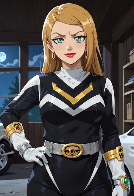 score_9, score_8_up, score_7_up, BREAK,
1girl, solo,  Sarah, green eyes, blonde hair, long hair, hairclip, earrings, lipstick, muscular, medium breasts, narrow waist, wide hips, sentaisaintforce, black bodysuit, silver belt, white gloves, spandex,  m-shaped chest symbol, helmet removed, no headwear,BREAK,
cowboy shot, smug, half-closed eyes, standing, hand on hip, indoors, garage, night,