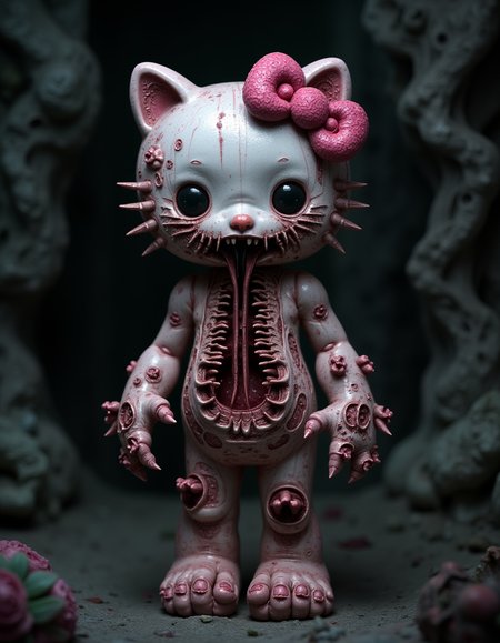 body horror Hello Kitty with a â¥, Raw photo, dramatic lighting, film grain, cave,(Game of thrones movie style), <lora:body_horror:1>