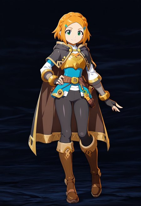 masterpiece, best quality, amazing quality, very aesthetic, absurdres, newest,shiny skin,, anime screenshot,  anime coloring, xdive, short hair, crown braid, sidelocks, parted bangs, hairclip, outfit_1, blue crop top, gold trim, white undershirt, breastplate, layered sleeves, brown sash, black gloves, fingerless gloves, black pants, knee boots, brown footwear, black cape, hooded cape,, Hand on waist, smile, full body, Black background, sexy pose,