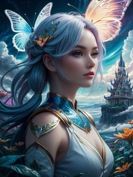 1girl,illustration of jupiter clouds by dan mumford, alien landscape and vegetation, epic scene, a lot of swirling clouds, high exposure, highly detailed, realistic, vibrant blue tinted colors, uhd
photo photorealistic photography photograph photographic realistic hyperrealistic <lora:HanXue_SDXL-000008:0.6>, 8k portrait,of beautiful girl white cyborg,elegant,majestic,digital photography,art by artgerm and ruan jia, surreal painting butterfly,highres,focus,colorful,paint,illustration,glow,impossible figures,paradoxical art,paradox,impossible geometry,hypercube,abstract fantasy castle,Beautiful Psychedelic Trippy White Intricate Detailed Elaborate,<lora:3DMM_V12:0.7>,<lora:LowRA:0.7>,