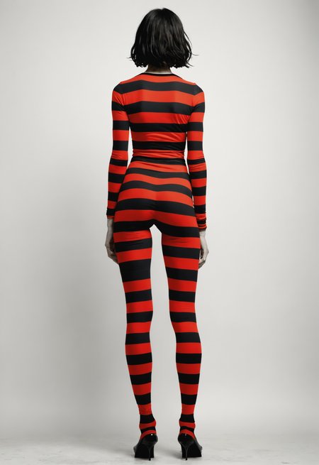 lady with stripes, full body shot,back, red black,surrealism pop art ,Christopher Wool <lora:add-detail-xl:1> <lora:DD-sli-v1:1>
