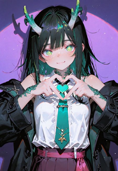 looking at viewer,bust shot

Heart hands,smile

1 girl,petite,loose unruly messy hair,messy bangs,black hair,green accents hair,fair skin,dragon horns,green eyes, sparkling eyes,freckles

Large Black coat with green accent,coat hanging sleeves,white sleeveless buttoned shirt tucked in,green tie, exposed shoulder

Color background, bright purple background,shadow, light from front,glimmer, scales design, sparkling,spotlight,anaglyph

Cunnystyle,748cmstyle,Smooth_Quality,masterpiece,best quality,amazing quality, aesthetic,bright colors,bold lines