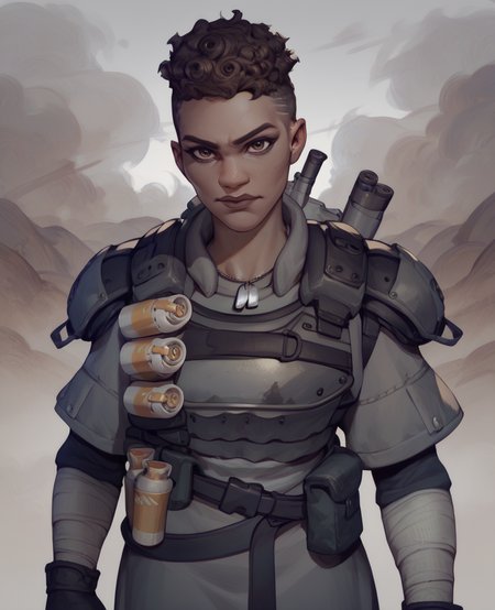 score_9,score_8_up,score_7_up,score_6_up,
BangaloreXL,brown eyes,
short curly hair,gloves,
standing,
tactical armor,grey tunic,black gloves,shoulder armor,dog tags,looking at viewer,
smoke trail in background,plains,<lora:Bangalore:1>,