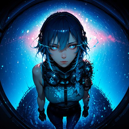 masterpiece, best quality, good quality, newest, highres, absurdres, 8K, realistic, bright colors, multicolored background, creative angle, fisheye, 1girl, sleeveless, standing, looking at viewer, fingerless gloves, medium hair, braided ponytail, blue hair, gradient hair, goggles, headphones, expressionless, eye trail, (dynamic pose,:1.2), (lineless:1.2), (distortion effect:0.9), (disintegration effect:1.1),  <lora:Creative-Angle_v2_NAIXL:0.7> <lora:add-detail-xl:1.5>
 <lora:unfazed mixed gothic - IL:0.8>