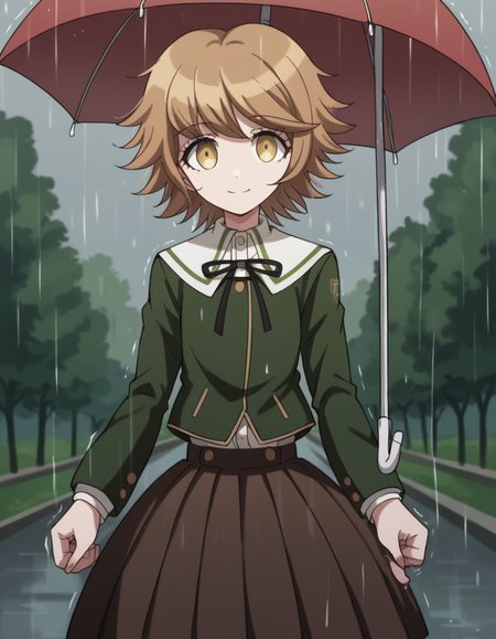 score_9, score_8_up, score_7_up, source_anime, <lora:chihiro-fujisaki-s1-ponyxl-lora-nochekaiser:1>, chihiro fujisaki, short hair, bangs, brown hair, brown eyes, male focus, otoko no ko,, skirt, shirt, long sleeves, ribbon, school uniform, jacket, pleated skirt, black ribbon, neck ribbon, brown skirt, green jacket,, rainy day, umbrella, walking home, puddles, wet hair, smile, looking at viewer, hand shaking hands, solo,, cowboy shot, dutch angle