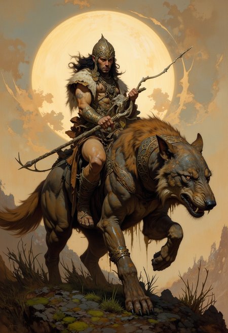 score_9, score_8_up, score_7_up, 8k high quality digital painting, masterpiece, very detailed, ultra realistic, (best quality) very detailed epic masterpiece, boris vallejo style, frank frazetta style, realistic oil painting, retro artstyle, full body, side view, backlight, we see a primeval muscular cave-man in fur clothing riding on a wolf-like dinosaur-like monster, the monster has long fur hair, sundown, the setting sun casts long shadows, backlight, swampy landscape, fairytale-like, realistic detailed oil painting style Rembrandt style, Vermeer style, Dungeons and dragons atmosphere, heroic fantasy, realistic, realism, full body