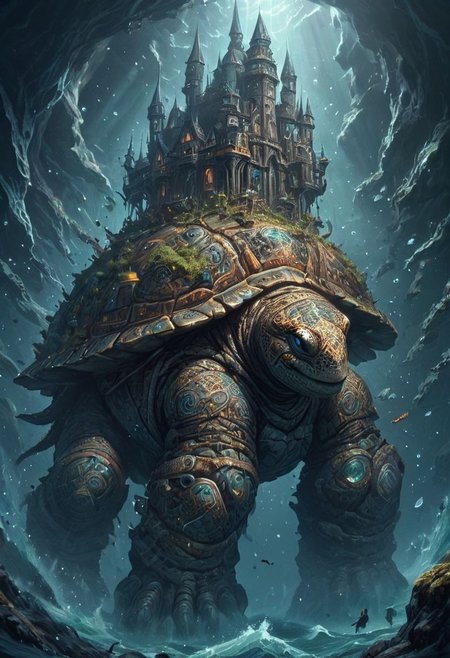 Big enormous giant energy turtle with magical fantasy city on its back, swimming in a monster ocean