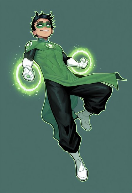 masterpiece, absurdres, high quality, perfect anatomy, 1boy, solo, cute boy, male focus, TaiPham, Black Hair, Green Lantern Ring, Green Lantern Costume, Green and Black Bodysuit, Green Domino Mask, White Eyes, White Gloves, Pelvic Curtain, Black Pants, White Shoes, Glowing Green Outline, Green Energy Aura, floating, levitating, big smile, cinematic, intricately detailed illustration, depth of field, masterpiece, best quality, amazing quality, very aesthetic, absurdres, newest, very awa,  shadow, dynamic angle, casual cosplay, dynamic pose, simple background, green theme