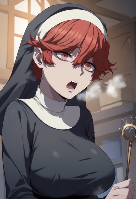 score_9, score_8_up, score_7_up, score_6_up, source_anime, rating_explicit, 1girl, solo, huge breasts,<lora:Jemina prefectPonyxl:1> red hair, red eyes, hair between eyes, freckles, orange eyes, short hair, traditional nun, habit, black dress, long sleeves, surprised, sad, open mouth, Narrow shoulders, heavy breathing, steaming body, catheter, indoors, looking at viewer