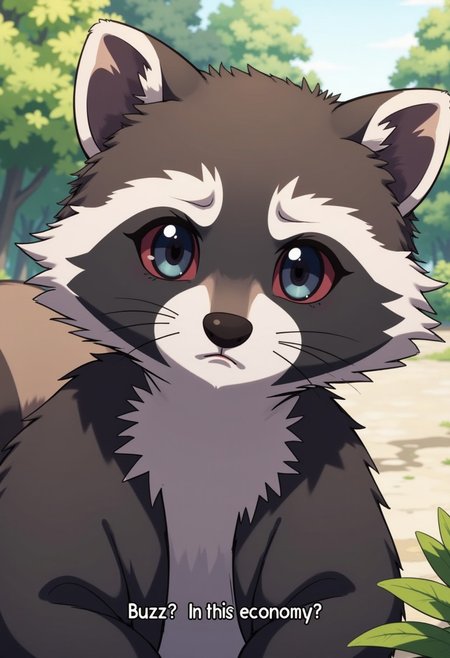 masterpiece, best quality, highly detailed, score_9, score_8_up, score_7_up, 
Anime raccoon looking puzzled at the viewer, caption at the bottom that says "Buzz? In this economy?"