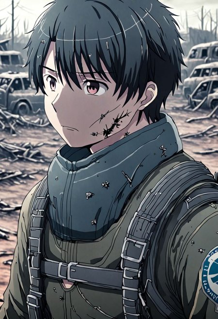 high resolution, solo, best quality, 1Boy, Inaho Kaizuka, Black Hair, shallow depth of field, Post-Apocalyptic, survival, OverallDetail
