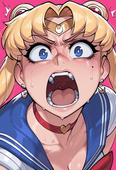 krekkov, (pixelsketcher:0.5), masterpiece, best quality, high quality, absurdres, very awa, newest, solo_focus, anime, fisheye view.
sailor moon, blonde hair, blue eyes, open mouth, aggressive, surprised, angry. 
pink background