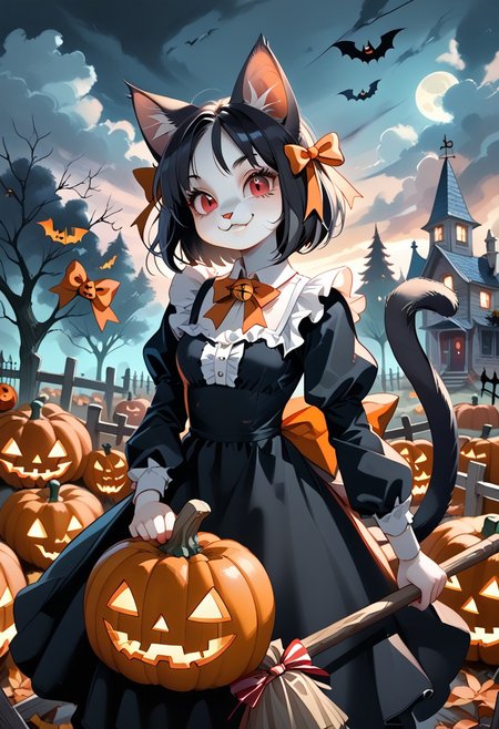 score_9, score_8_up, score_7_up, score_6_up,  
csr_Style, high quality, extremely detailed, Halloween, OldHalloweenCards, Spooky,
cute, creepy girl, Anthro Cat girl, Cat ears, furry, Cat tail, cat snout, Cat nose, Cartoon Type, long black hair, black fur, long ears ribbons, ribbons, witch dress, red eyes, riding a broom, smile, looking at viewer, 
graveyard, dead trees, dark cloudy sky, pumpkins,