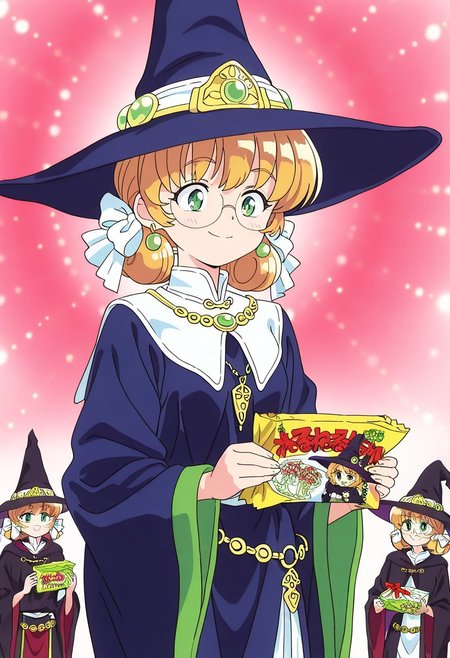 anime
 official art, 
<lora:nerunerunerune:1>, nerunerunerune, 
solo, glasses, smile, parody, solo focus, radial light panel, 
1girl, umai!, meme, holding package, 
(masterpiece:1.3), best quality, high resolution, unity 8k wallpaper, extremely detailed CG, 8K, (watercolor \(medium\), muted color, sketch:1.1), perfect anatomy, highly finished, masterpiece, best quality, high quality, amazing quality, great quality, very aesthetic, ultra detailed, highres, absurdres, highly detailed, highly detailed background,
Meruru, 1girl,solo, green eyes, witch hat, blonde hair,  twintails, short hair, hair ribbon, white ribbon, green jewelry, earrings, 
witch, robe, blue dress, necklace, blue headwear,
simple background
(1 girl only in the composition)