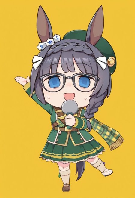 1girl, solo, smile, open mouth, simple background, holding, :d, sweat, sweatdrop, yellow background, arm up, pose, empty eyes, microphone, full body, chibi, standing on one leg, <lora:Tetoris2:1>,masterpiece, best quality, very aesthetic, newest, absurdres,
zenno rob roy \(umamusume\),horse ears, horse tail, mismatched loafers, black-framed eyewear, green skirt, green jacket, brown belt, braided ponytail, beige kneehighs, hair over shoulder, long sleeves, green beret, plaid scarf