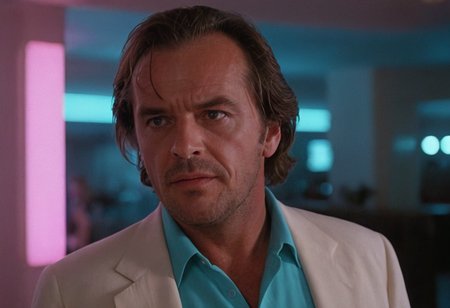 UHD, 8K, ultra detailed, a cinematic photograph of (Jack Torrance), MiamiVice, CineShining, indoors, neon lights, closeup, beautiful lighting, great composition