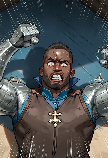 (perfect face:1.4),  1 male, high quality, high detail, perfect eyes, (close up:1.3), (light particles:0.6), masterpiece, (indoors:1.5), fighting stance, serious face,fighting arena, (boxing ring:1.2), blue background,
JaxBriggs, dark-skinned male, metal arms, beard, vest, male, muscular male, (fight stance:1.5), (upper body shot:1.5),  (upper body portrait:1.5), fighter shot, clenched teeth, (action lines:1.5), (high angle:1.5), (on the ground:1.5), shocked face, surprised face, sweat, looking at viewer, (imminent ass impact:1.4),
BREAK
 (skin detail:1.3), (shadows:1.5),  muscular calves, 
BREAK score_9, score_8_up, score_7_up, score_6_up, source_cartoon, rating_explicit