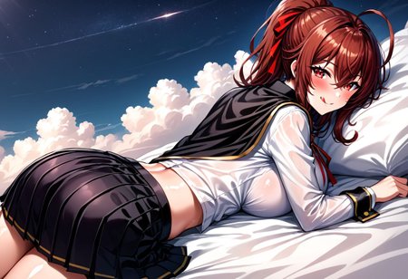 (best quality), (masterpiece), (extremely detailed), (finely detailed), (beautiful detailed, detailed face, beautiful detailed eyes, beautiful detailed shading), (realistic:0.7), (high res:0.9), (lineart:0.8), (heavy lines, sketch:0.9), (intricate:0.7), (glossy skin:1.3), (eye lashes:0.5), detailed_art_style, (sharp focus:0.7), beautiful and clear scenery, (soft colors:1.2), (anime style:1.2), (1girl), (blush:1.2), (beautiful detailed eyes:1.2), (red eyes:1.3), (auburn hair, ponytail, ahoge, hair between eyes, hair ribbon, red ribbon:1.2), (bright eyes, multicolored eyes), (large breasts:1.2), collarbone, (white sleeve school uniform with black cuffs, pleated skirt, black skirt, black cape, shirt:1.2), (seductive smile, licking lips, lying:1.3), (close up, ass focus, from behind, looking back:1.3:1.3), (on clouds, starry night:1.2),