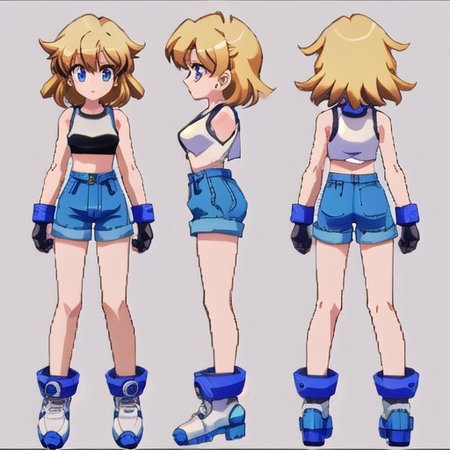 anime, blonde, woman, medium boobs, medium hair, white tank top, blue headband, blue eyes, black wristband,, micro shorts,  model sheet, simples background, 1980s (style), retro artstyle, chara-sheet, megaman_legends, lowpoly, PS1, PSX, pixelated