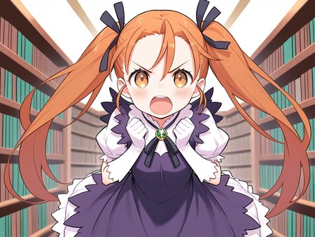masterpiece, best quality, good quality, <lora:Aliese_Martini_IS:1> Aliese_Martini, 1girl, solo, twintails, long hair, brown eyes, hair ribbon, orange hair, brown hair, short stack,
 1girl, solo, blonde hair, gloves, dress, yellow eyes, elbow gloves, open mouth, ribbon, blush, purple dress, puffy sleeves, looking at viewer, short sleeves, white gloves, angry,
library,