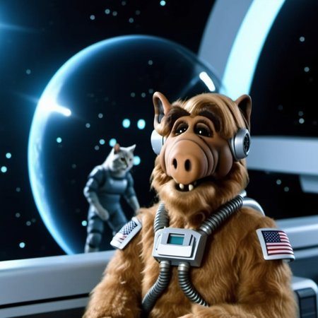 Alf1024, humanoid alien with cat, full body, wears a spacesuit, , in spaceship, detailed eyes, highly detailed, photography, ultra sharp, film, bokeh, professional, 4k  <lora:add-detail-xl:1.5> <lora:Alf1024:0.8>