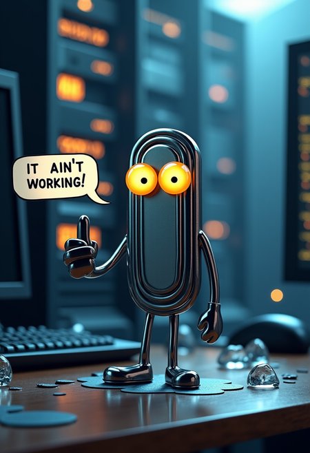 (Clippy, a paperclip with googly eyes), desktop (computing), icon, middle finger
A metal paperclip with googly eyes, (speech bubble "it ain't working, okay?!"), 
server background, chaos, broken glass