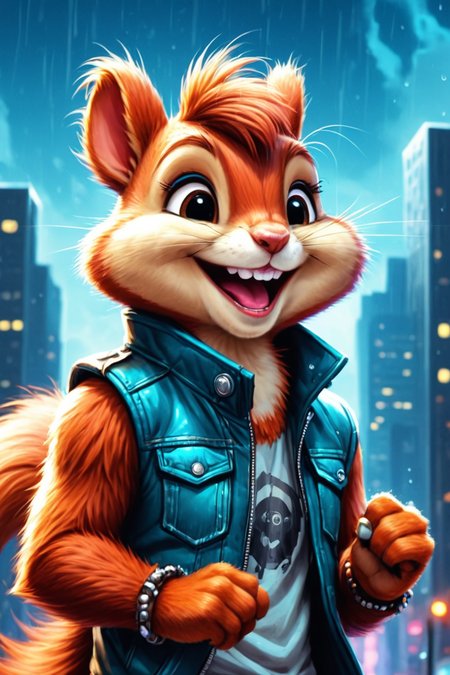 Detailed digital illustration of an anthro Squirrel (Laughing openly, genuine happiness) at a Holographic skyline projections in rainy city, <lora:xl_more_art-full_v1:0.5>,  <lora:anthro_muscular:0.7> , <lora:madpunk:0.4> madpunk