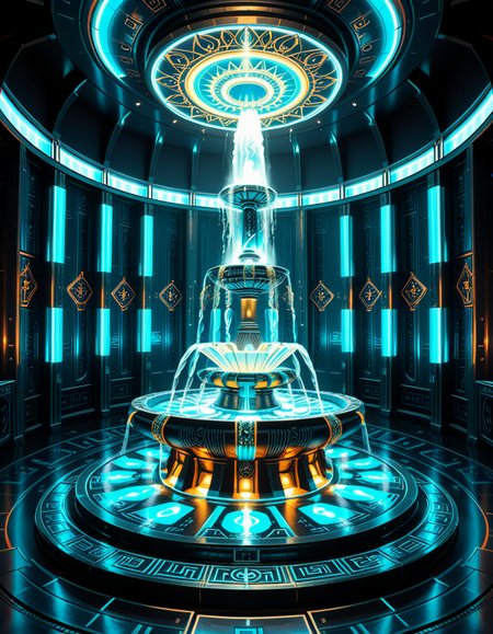 The center of a high-tech, alien temple-laboratory, where dark metallic walls shimmer under the glow of cyan vertical light tubes and faint sacred runes. In the middle of the chamber lies an elaborate biomechanical fountain, rising like an altar from a circular platform of engraved metal. The fountain pulses with iridescent liquid light, flowing in gravity-defying streams that spiral upward before cascading back into a glowing basin etched with ritual patterns. Bioluminescent veins run through the structure, illuminating the surrounding floor like circuitry. Overhead, a radiant, halo-like design casts a celestial glow, enhancing the surreal, sanctified atmosphere. The space exudes a fusion of sacred ceremony and alien technology, as if the fountain were a source of divine power worshipped by another world.
<lora:high-tech_alien_temple_f0unt41n:1>,high-tech alien temple f0unt41n,<lora:SDXLFaeTastic2400:0.4> <lora:extremely_detailed:0.4> extremely detailed, Masterpiece,best quality,hi res,8k,hi res,8k,award winning,(sharp focus, intricate, highly detailed),