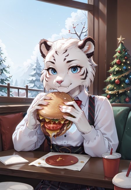 safe_pos, score_9, score_8_up, score_7_up, highres, high quality, perfection, masterpiece,
indoors, cafe, winter, christmas decorations,
1girl, solo, no humans,
furry female, (anthro white_tiger girl: 1.2), detailed fur, (white fur: 1.75), one-tone fur, tiger stripes, beautiful girl, cute girl, young adult, youthful, (bald girl, bald head, hairless, no hair), petite girl, detailed face, beautiful face, innocent face, eyelashes, perfect eyes, detailed eyes, blue eyes, small breasts, long tail, innocent face,
clothed, white shirt, untucked shirt,
sitting at table, across table,
eating, burger, looking at viewer, upper body, burger malfunction,