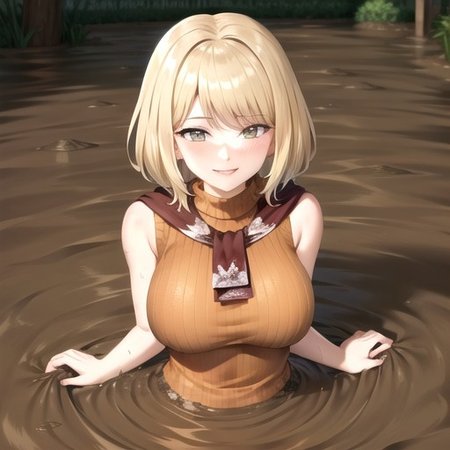 ashley graham, brown eyes, bangs, red scarf, (orange sweater:1.2), sleeveless turtleneck, green miniskirt, belt, pantyhose, (giantess breast:1.5), partially submerged, in mud, flooding up to the chest, upper body, (village:1.5), (mud:1.5), (pov:1.5), (raised eyebrows:1.2), :o, blush, (sinking:1.1), (seductive smile:1.5), hut, (clean arms:1.5),