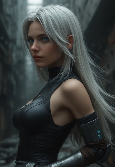 safe_pos, score_7_up, HD 32K, 8K, perfect hands, detailed face, realistic skin texture, face in sharp focus, BREAK closeup portrait of girl, a2_\(nier:automata\), 1girl, gloves, white_hair, long_hair, elbow_gloves, breasts, black_gloves, blue_eyes, android, joints, thighhighs, blue eyes,

Background: A futuristic, post-apocalyptic cityscape with crumbling skyscrapers and overgrown vegetation. The sky is a mix of dark clouds and faint sunlight breaking through, casting dramatic shadows. In the distance, abandoned machinery and rusted robots litter the streets. The air is filled with a sense of desolation and the remnants of a once-thriving civilization.

Additional Details: The girl's android features are subtly highlighted, with visible joints and mechanical details that blend seamlessly with her human-like appearance. Her white hair flows gently in the breeze, and her blue eyes reflect the desolate landscape behind her. The gloves and thigh-highs are made of a sleek, futuristic material that shimmers slightly in the dim light.
(((((upper body))))), dynamic pose
 <lora:Dynamic Poses:1>
 <lora:detailed_notrigger:1>