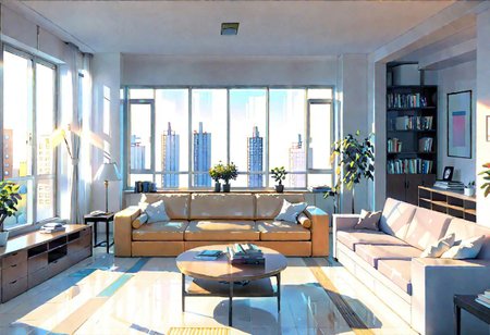 ((front view)), (Close-Up View), (Rule of Thirds), ((animation style)), A room with wide sides and narrow front and back, modern-style interior, with white walls, ((large windows)), a  study, Sofa, coffee table, bookcase, single wall, 
warm light morning sun, (((City high-rise building scenery))), (clear sky)