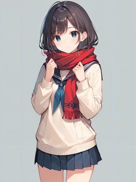score_9, score_8_up, score_7_up,source_anime, high res image,masterpiece,best quality,(girl:1.0),cute face,clear skin,shiny hair,ultra detailed eyes,simple background, <lora:scarf_pony_V1.0:0.7> scarf, sweater,serafuku,skirt