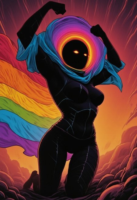 m100-style, a muscular woman with a Planet hat, juicy, deep blacks, charming mysterious, billowing translucent Rainbow colored cape, flexing, Action Pose kneeling,